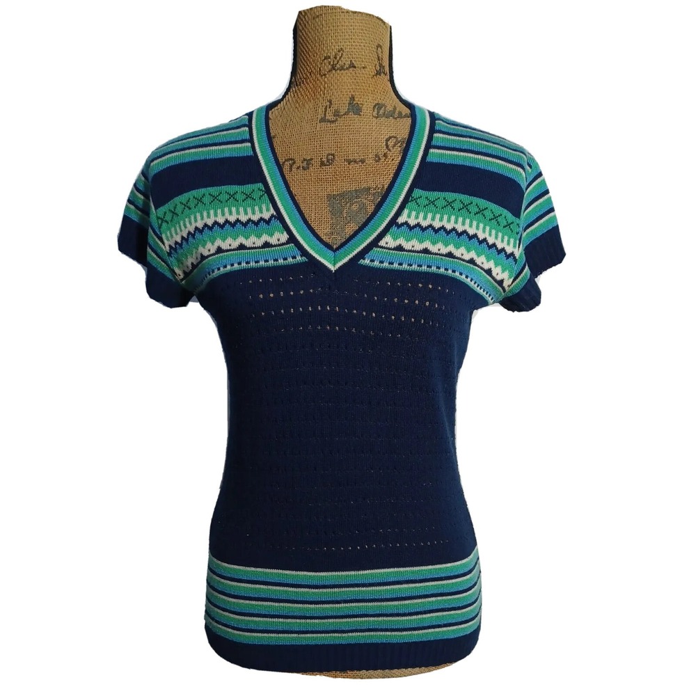 VTG GARLAND Knit Top Navy Blue Green 10 Short Sl Sweater Garland V Neck Pullover